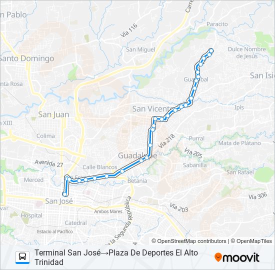 SAN JOSÉ - LA TRINIDAD DE MORAVIA bus Line Map