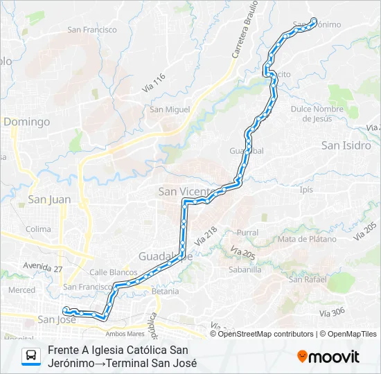 SAN JOSÉ - LA TRINIDAD DE MORAVIA - PARACITO - SAN JERÓNIMO Bus Line Map
