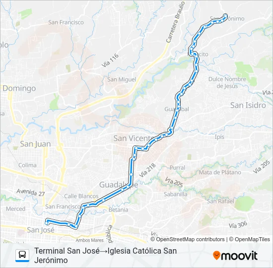 SAN JOSÉ - LA TRINIDAD DE MORAVIA - PARACITO - SAN JERÓNIMO Bus Line Map