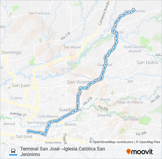 Mapa de SAN JOSÉ - LA TRINIDAD DE MORAVIA - PARACITO - SAN JERÓNIMO de autobús