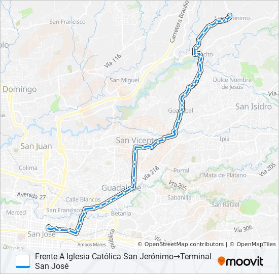 SAN JOSÉ - LA TRINIDAD DE MORAVIA - PARACITO - SAN JERÓNIMO bus Line Map