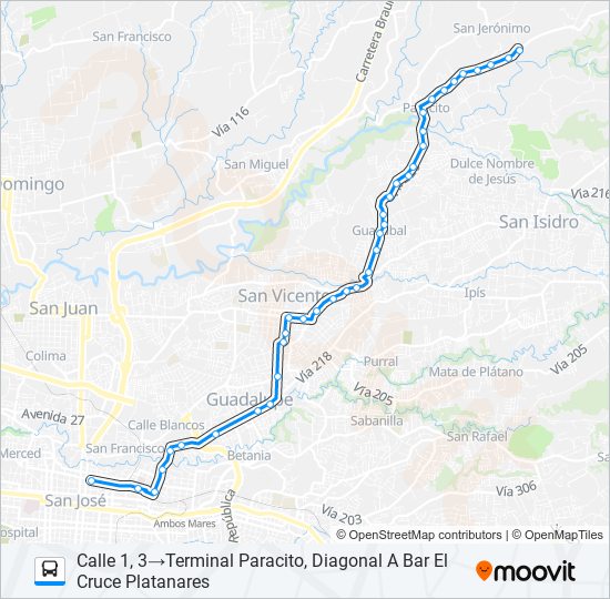 Mapa de SAN JOSÉ - LA TRINIDAD DE MORAVIA - PARACITO - PLATANARES POR EL CAÑAL de autobús