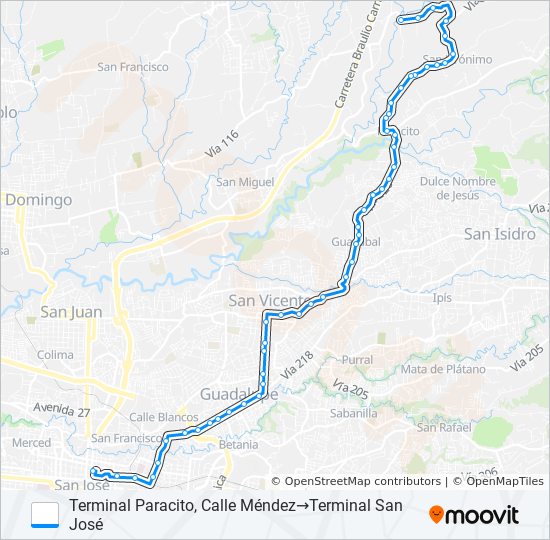 Mapa de SAN JOSÉ - LA TRINIDAD DE MORAVIA - PARACITO - SAN JERONIMO - CALLE MENDEZ de autobús