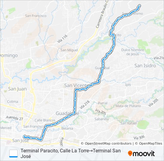 SAN JOSÉ - LA TRINIDAD DE MORAVIA - PARACITO - SAN JERÓNIMO - CALLE LA TORRE bus Line Map