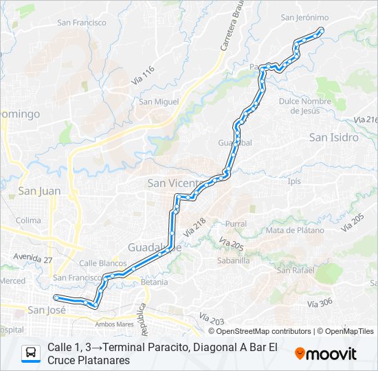 Mapa de SAN JOSÉ - LA TRINIDAD DE MORAVIA - PARACITO - PLATANARES POR CALLE MANANTIAL de autobús
