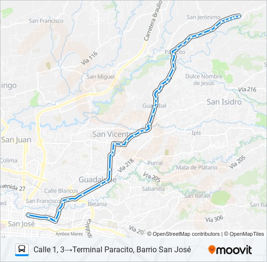 Mapa de SAN JOSÉ - LA TRINIDAD DE MORAVIA - PARACITO - PLATANARES - BARRIO SAN JOSÉ POR EL CAÑAL de autobús