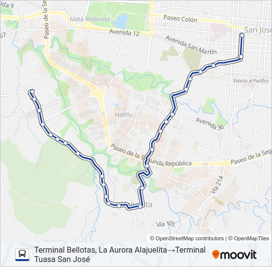 Mapa de SAN JOSÉ - ALAJUELITA - LA AURORA de autobús