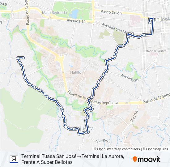 Mapa de SAN JOSÉ - ALAJUELITA - LA AURORA de autobús