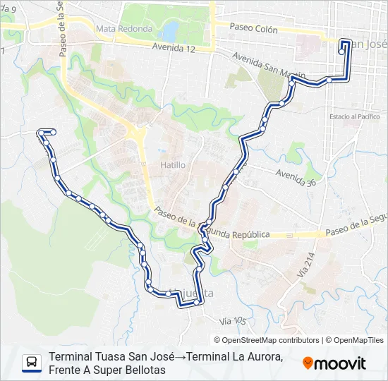 SAN JOSÉ - ALAJUELITA - LA AURORA Bus Line Map