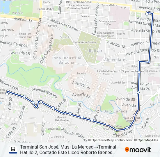 SAN JOSÉ - HATILLO 1 Y 2  POR SAGRADA FAMILIA Bus Line Map
