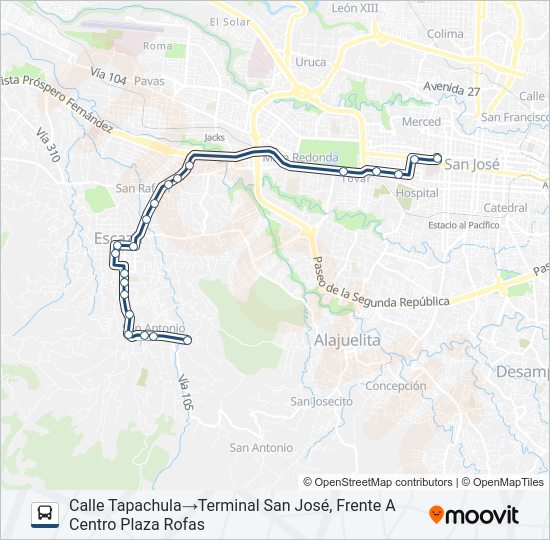 Mapa de SAN JOSÉ - ESCAZÚ - SAN ANTONIO de autobús