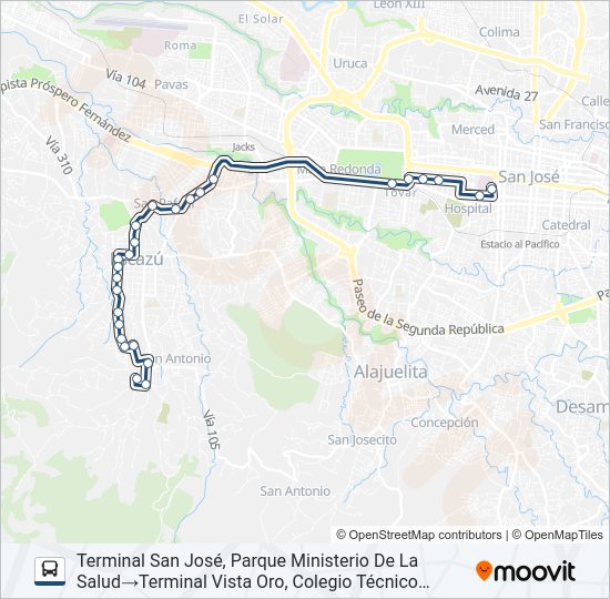 Mapa de SAN JOSÉ - ESCAZÚ - VISTA DE ORO de autobús