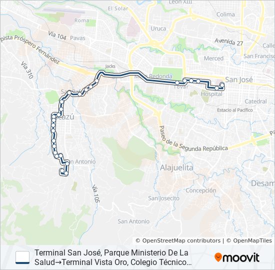 Mapa de SAN JOSÉ - ESCAZÚ - VISTA DE ORO de autobús