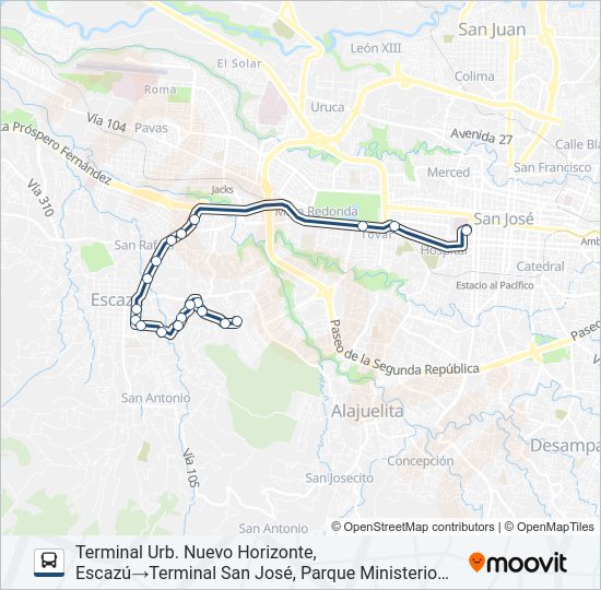 Mapa de SAN JOSÉ - ESCAZÚ - BELLO HORIZONTE de autobús