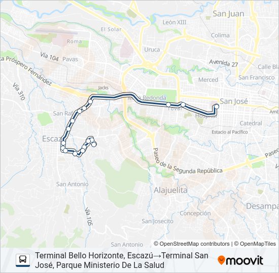 Mapa de SAN JOSÉ - ESCAZÚ - BELLO HORIZONTE de autobús
