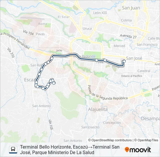 SAN JOSÉ - ESCAZÚ - BELLO HORIZONTE Bus Line Map