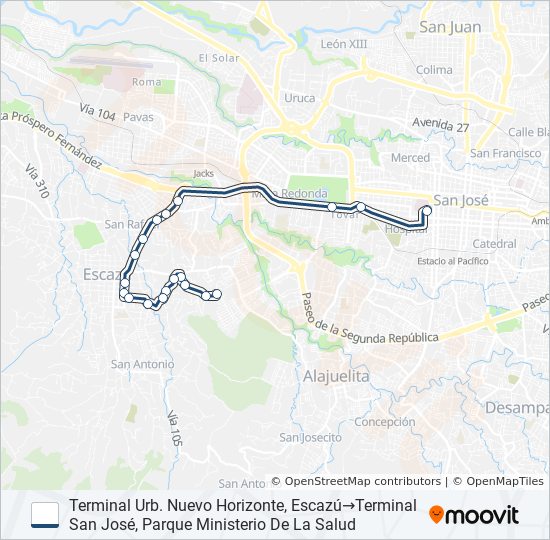 Mapa de SAN JOSÉ - ESCAZÚ - BELLO HORIZONTE de autobús