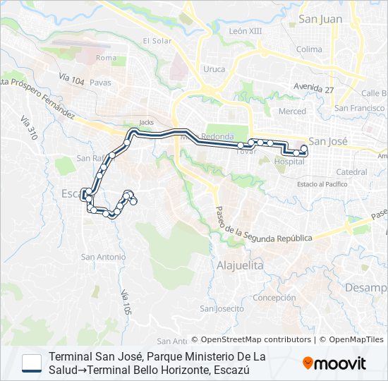 Mapa de SAN JOSÉ - ESCAZÚ - BELLO HORIZONTE de autobús