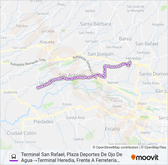 Mapa de HEREDIA - SAN RAFAEL ALAJUELA de autobús