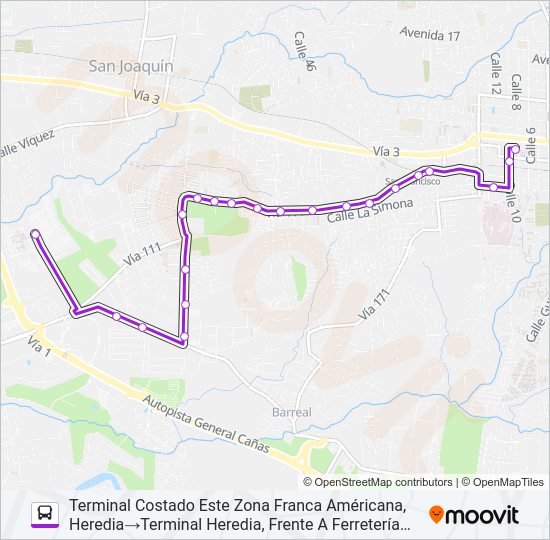 Mapa de HEREDIA - ZONA FRANCA AMERICA de autobús