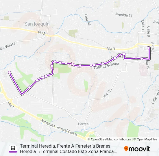 HEREDIA - ZONA FRANCA AMERICA Bus Line Map