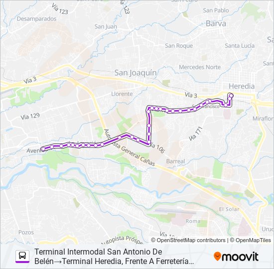 Mapa de HEREDIA - SAN ANTONIO DE BELÉN de autobús