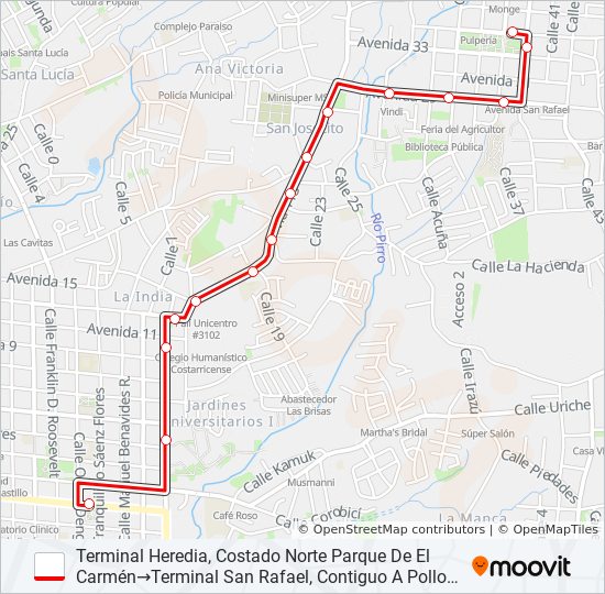 Mapa de HEREDIA - SAN RAFAEL de autobús
