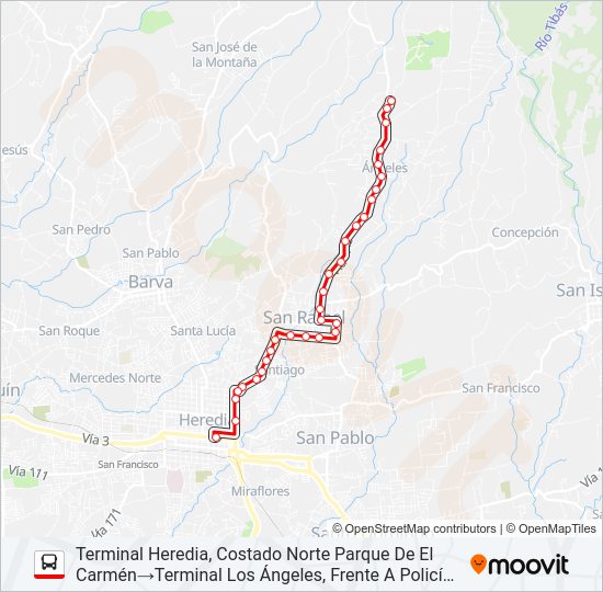 Mapa de HEREDIA - MONTE DE LA CRUZ POR SAN RAFAEL de autobús