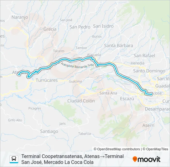 SAN JOSÉ - ATENAS Bus Line Map