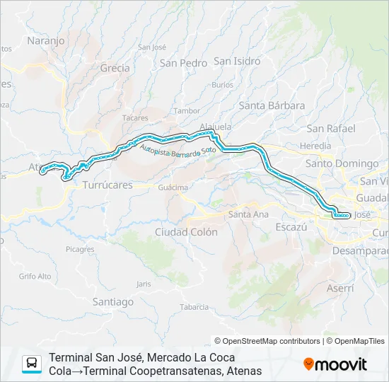 SAN JOSÉ - ATENAS Bus Line Map