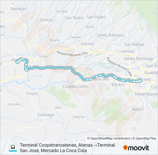Mapa de SAN JOSÉ - ATENAS POR RUTA 27 de autobús
