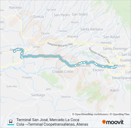 Mapa de SAN JOSÉ - ATENAS POR RUTA 27 de autobús