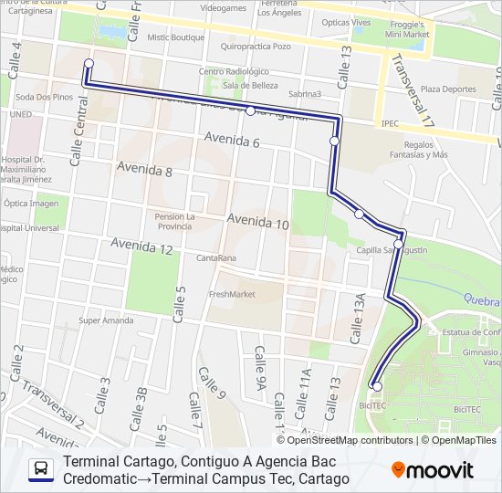 Mapa de CARTAGO - CAMPUS TECNOLÓGICO DE COSTA RICA (ESTUDIANTES) de autobús