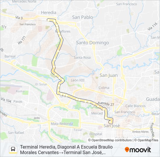 Mapa de SAN JOSÉ - HEREDIA POR LA URUCA de autobús
