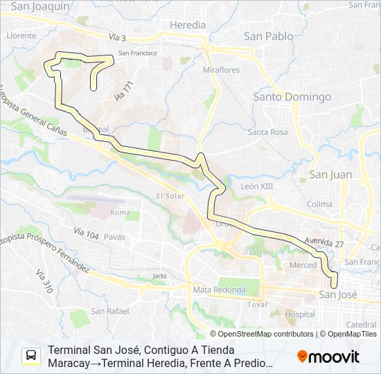 Mapa de SAN JOSE - LA AURORA POR LA URUCA de autobús