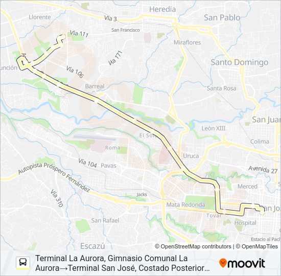 Mapa de SAN JOSÉ - LA AURORA POR LA PISTA de autobús