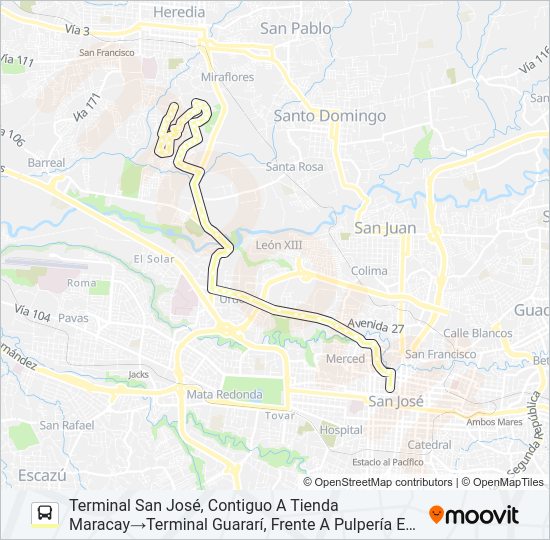 Mapa de SAN JOSÉ - LA MILPA - GUARARÍ POR LA URUCA de autobús