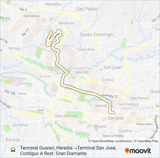 Mapa de SAN JOSÉ - LA MILPA - GUARARÍ POR LA URUCA de autobús