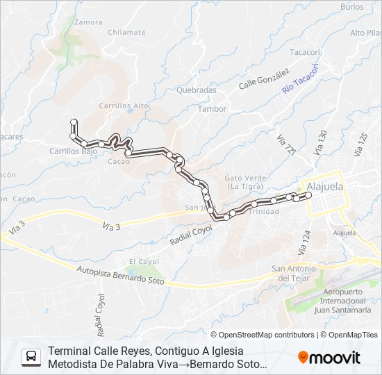 Mapa de ALAJUELA - SAN PEDRO DE POÁS POR CARRILLOS de autobús