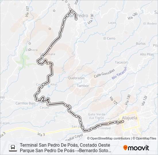 Mapa de ALAJUELA - SAN PEDRO DE POÁS POR CARRILLOS de autobús