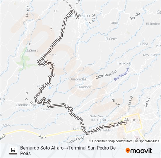 Mapa de ALAJUELA - SAN PEDRO DE POÁS POR CARRILLOS de autobús