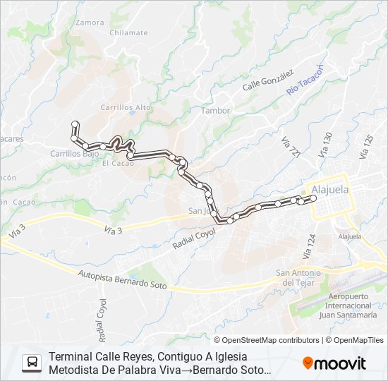 Mapa de ALAJUELA - SAN PEDRO DE POÁS POR CARRILLOS de autobús