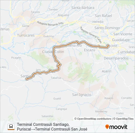 SAN JOSÉ - SANTIAGO PURISCAL Bus Line Map