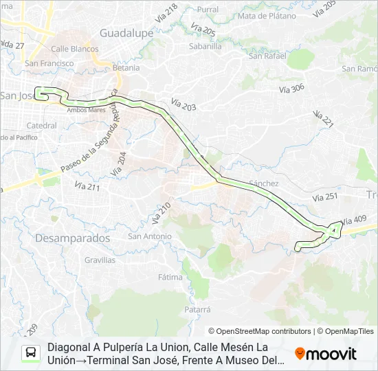 SAN JOSÉ - CALLE MESÉN - QUEBRADAS Bus Line Map