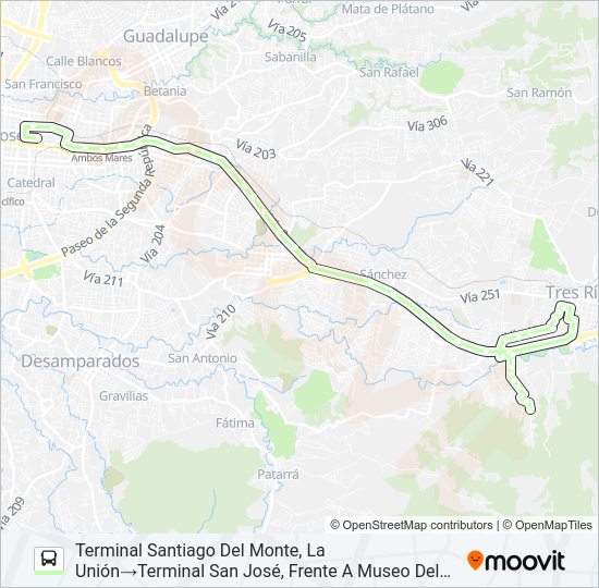 Mapa de SAN JOSÉ - TRES RÍOS - SANTIAGO DEL MONTE de autobús