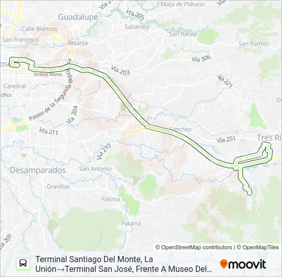 SAN JOSÉ - TRES RÍOS - SANTIAGO DEL MONTE Bus Line Map