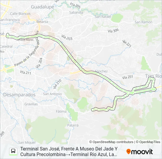 SAN JOSÉ - TRES RÍOS - CALLE MESÉN - QUEBRADAS Bus Line Map