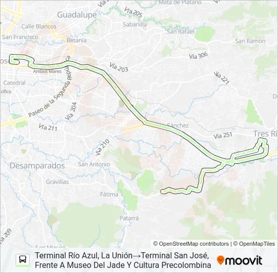 SAN JOSÉ - TRES RÍOS - CALLE MESÉN - QUEBRADAS Bus Line Map