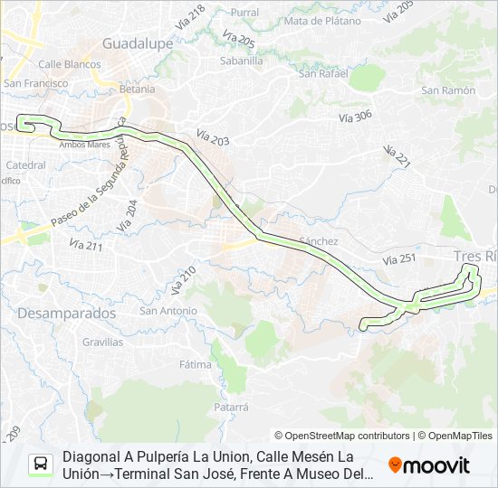 Mapa de SAN JOSÉ - TRES RÍOS - CALLE MESÉN - QUEBRADAS de autobús