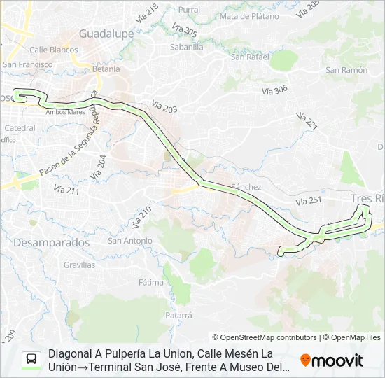 SAN JOSÉ - TRES RÍOS - CALLE MESÉN - QUEBRADAS Bus Line Map